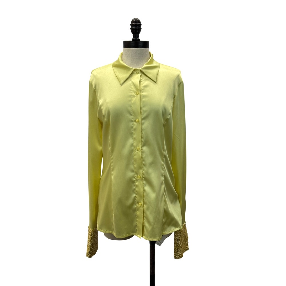 Le Superbe Button Down Shirt Women 10 Yellow Good Beaded Cuffs Satin Long Sleeve